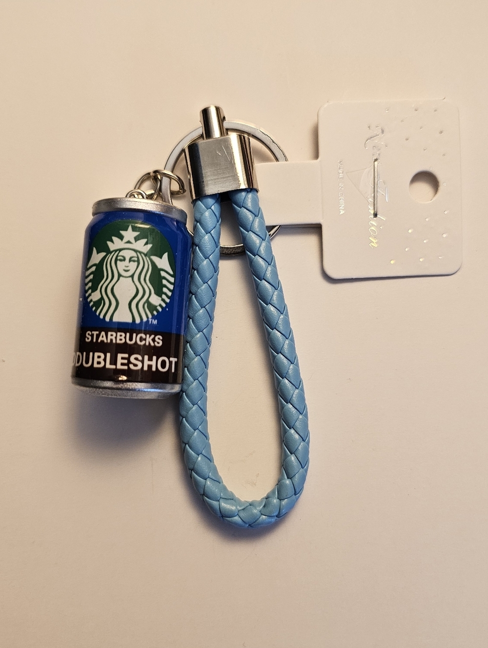 Starbucks blue and green Doubleshot can keychain with braided loop